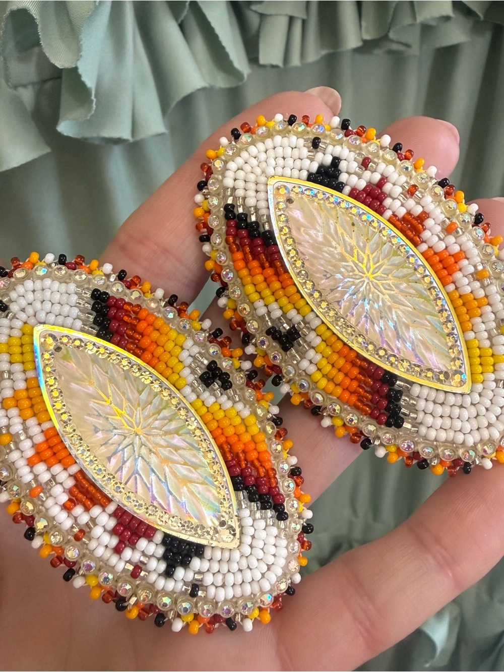 Handcrafted Beaded Marquise Earrings in White, Orange & Gold